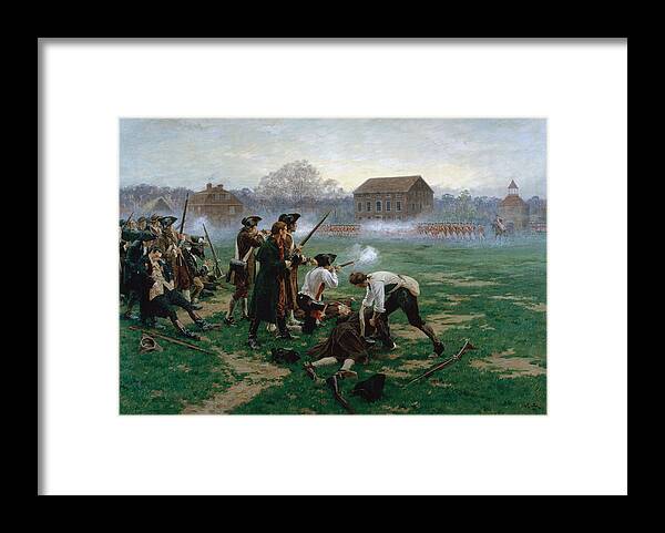 Massachusetts Framed Print featuring the painting The Battle Of Lexington, 19th April 1775 by William Barnes Wollen