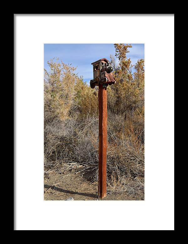 Melba; Idaho; Birdhouse; Shelter; Outdoor; Fall; Autumn; Leaves; Plant; Vegetation; Land; Landscape; Tree; Branch; House; Train; Framed Print featuring the photograph The Birdhouse Kingdom - The Black Bird by Image Takers Photography LLC - Carol Haddon