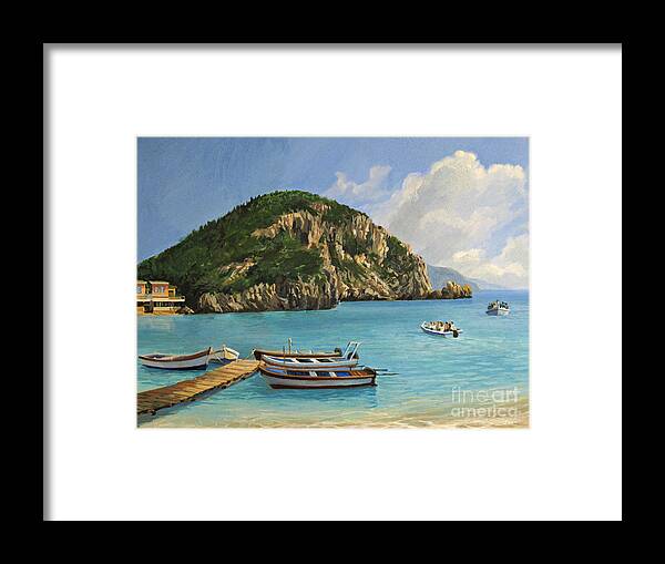 Art Framed Print featuring the painting The Boats of Paleokastritsa by Kiril Stanchev
