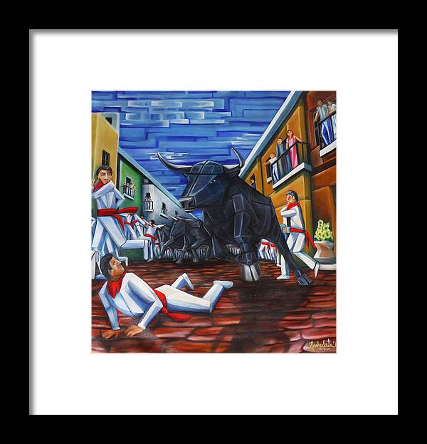 Spain Framed Print featuring the painting The Bull Run in Pamplona by Ruben Archuleta - Art Gallery