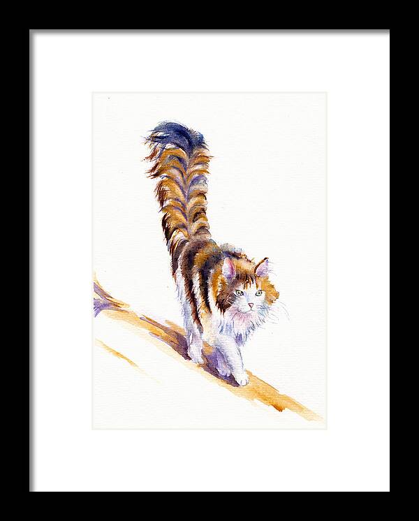 Cat Framed Print featuring the painting THE calico CAT THAT WALKED BY HIMSELF by Debra Hall