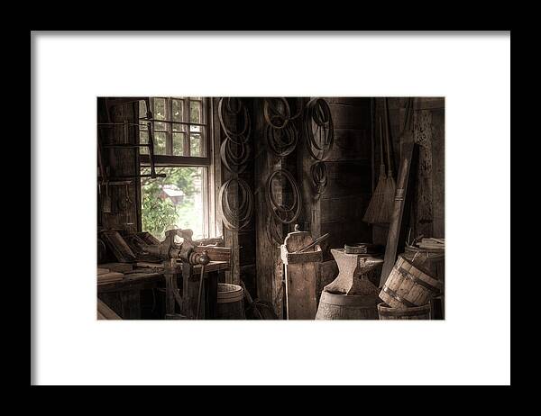 Cooper Framed Print featuring the photograph The Coopers window - A glimpse into the Artisans Workshop by Gary Heller