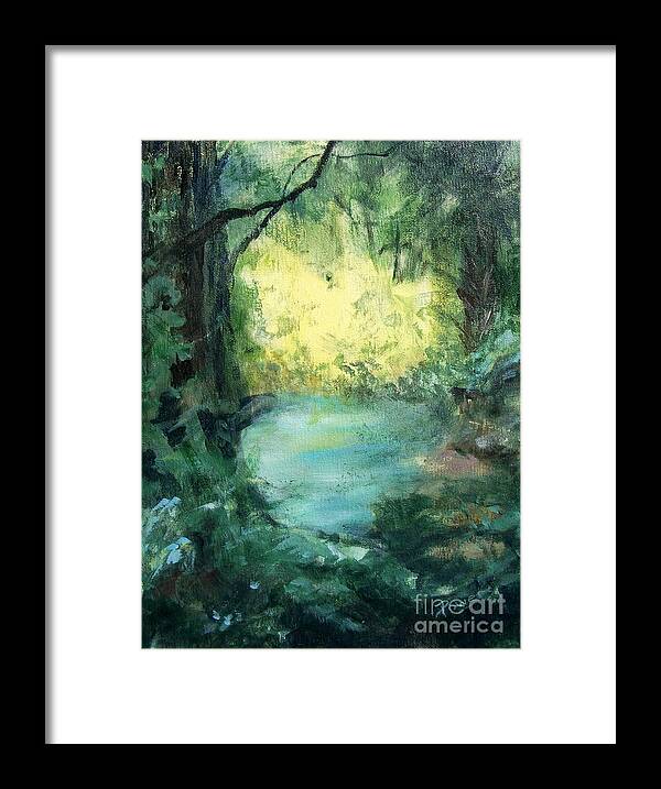 Landscape Of A Creek In A Tropical Setting In Florida Framed Print featuring the painting The Creek by Mary Lynne Powers