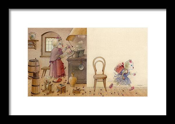 Cat Breakfast Kitchen Dream Fantasy Brown Blue Framed Print featuring the painting The Dream Cat 12 by Kestutis Kasparavicius