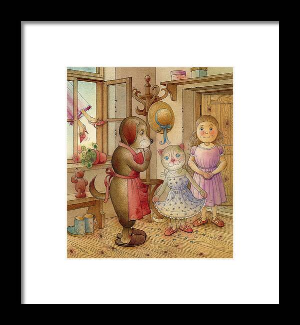Dog Gurl Cat Fantasy Blue Rose Red Brown Friendship Framed Print featuring the painting The Dream Cat 19 by Kestutis Kasparavicius