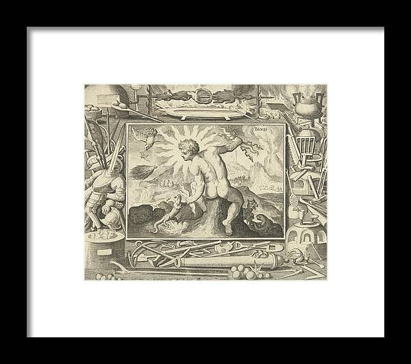 Fuoco Framed Print featuring the drawing The Element Of Fire As A Young Man With Lightning by Nicolaes De Bruyn