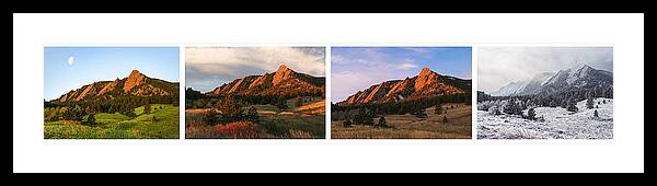 Four Framed Print featuring the photograph The Flatirons - Four Seasons Panorama by Aaron Spong