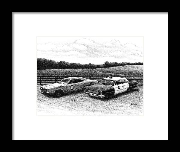 The General Lee Framed Print featuring the drawing The General Lee and Barney Fife's Police Car by Janet King