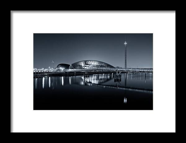 Cityscape Framed Print featuring the photograph The Glasgow Science Centre in Black and White by Stephen Taylor