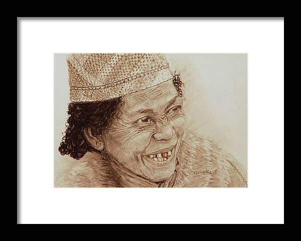 African Framed Print featuring the drawing The Gold Tooth in Sepia by Quwatha Valentine