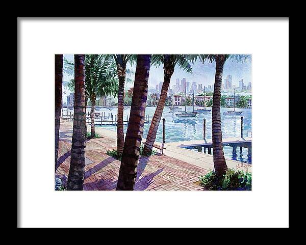Landscape Framed Print featuring the painting The Harbor Palms by Mick Williams
