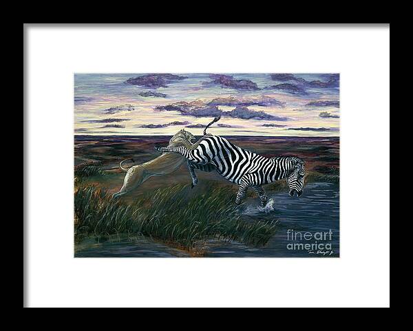 Lion Hunting Zebra Framed Print featuring the painting The Hunt by Tom Blodgett Jr