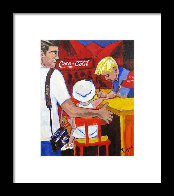 A Father's Arm Of Protection Framed Print featuring the painting The Juandiced Eye of Father and American Fare by Betty Pieper