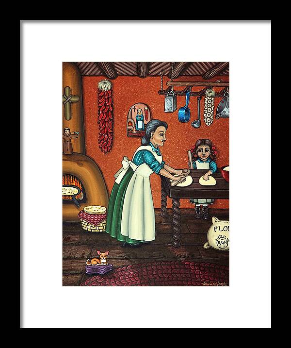 Folk Art Framed Print featuring the painting The Lesson or Making Tortillas by Victoria De Almeida