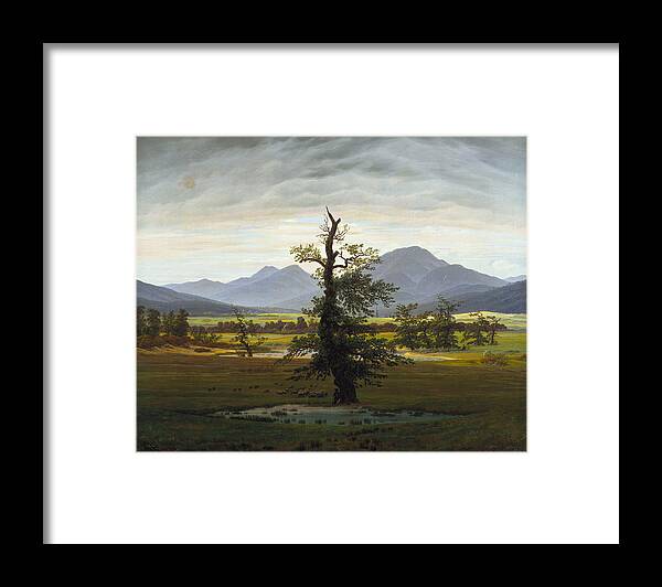 Caspar David Friedrich Framed Print featuring the painting The Lone Tree. Village Landscape in Morning Light by Caspar David Friedrich