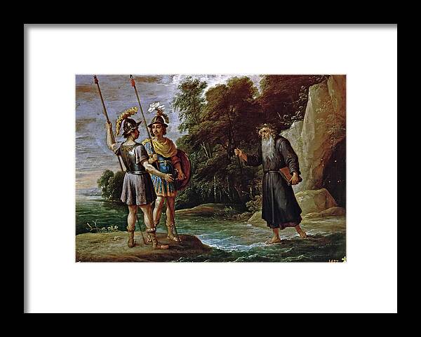 David Teniers The Younger Framed Print featuring the painting The Magus reveals Rinaldo's whereabouts to Charles and Ubaldo by David Teniers the Younger