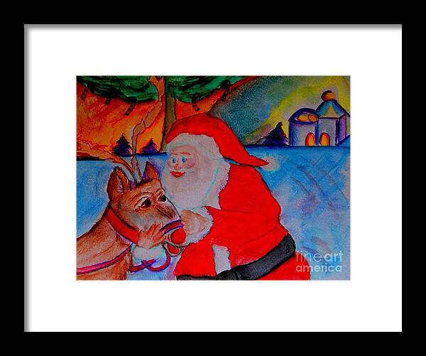 Santa Claus Framed Print featuring the painting The Man In the Red Suit and A Red Nosed Reindeer by Helena Bebirian