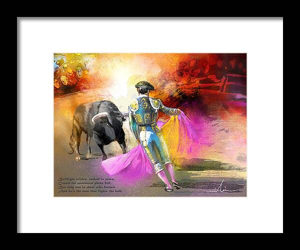 Bulls Framed Print featuring the painting The Man Who Fights The Bull by Miki De Goodaboom