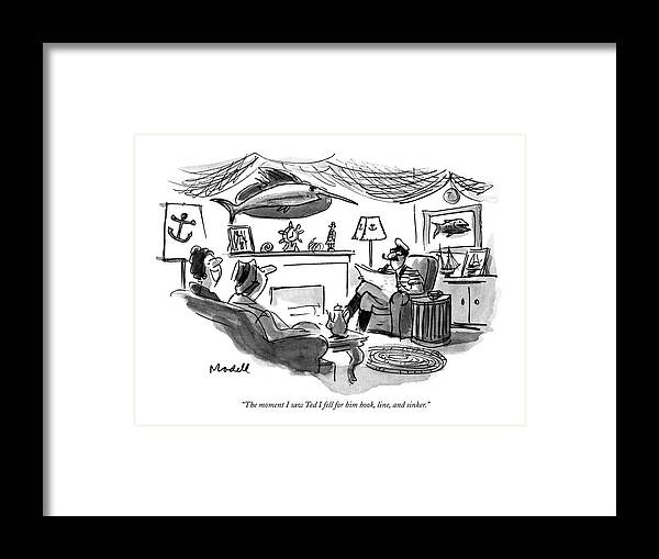 

 Wife To Friend In Their Den Framed Print featuring the drawing The Moment I Saw Ted I Fell For Him Hook by Frank Modell