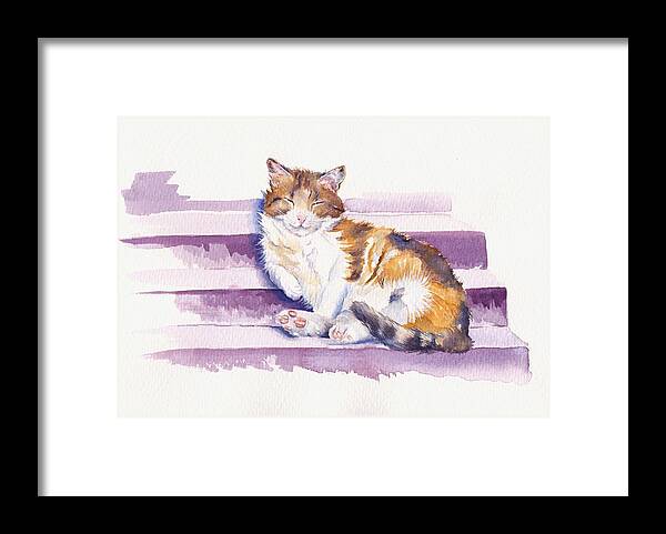 Cat Framed Print featuring the painting The Naughty Step - Snoozing Cat by Debra Hall