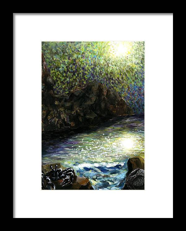 Night Nighttime Moon Moonlight Light Water California Ocean Tide Tidepool Pool Crag Urchin Seastar Starfish Waves Impression Rocks Mist Speckled Framed Print featuring the painting The Night of Nereides by Yujin Chung 9th Grade by California Coastal Commission