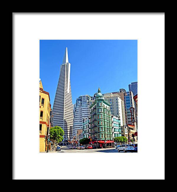 Transamerica Pyramid Framed Print featuring the photograph The Old and the New the Columbus Tower and the Transamerica Pyramid II by Jim Fitzpatrick