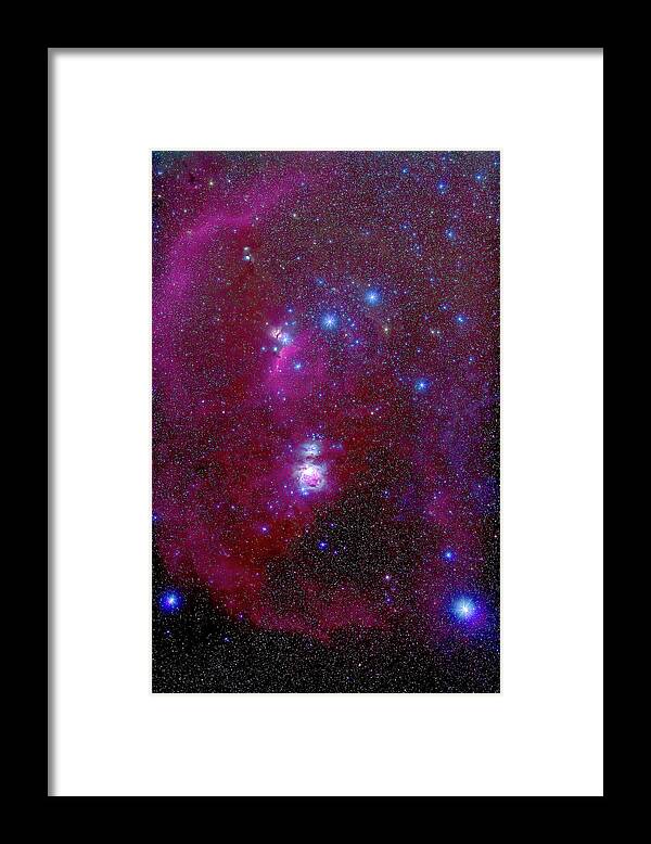 Majestic Framed Print featuring the photograph The Orion Nebula, Belt Of Orion, Sword by Alan Dyer/stocktrek Images