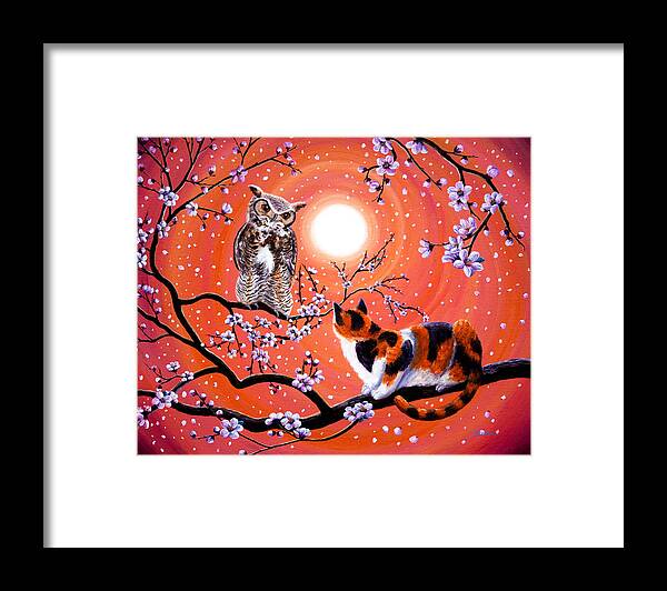 Peach Framed Print featuring the painting The Owl and the Pussycat in Peach Blossoms by Laura Iverson