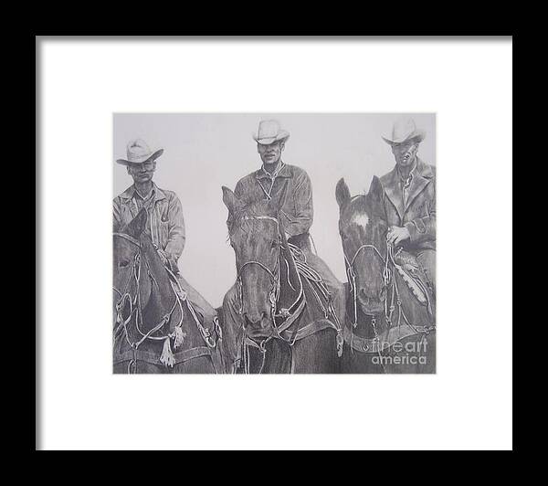 Portrait Of Cowboys On Horseback Framed Print featuring the drawing The Powers Boys by Mary Lynne Powers