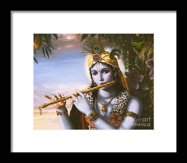 Krishna Flute Painting Framed Print featuring the painting The Primordial Flute Player by Vishnu Das