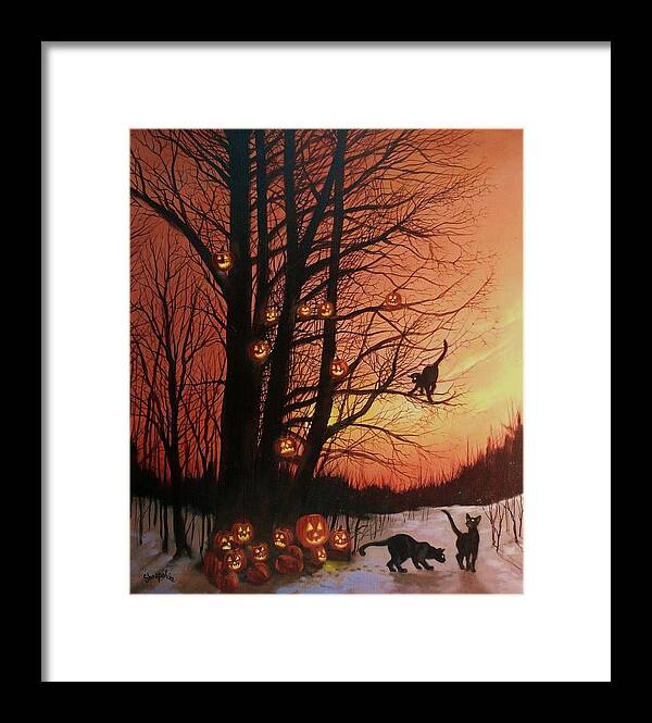 Black Cats Framed Print featuring the painting The Pumpkin Tree by Tom Shropshire