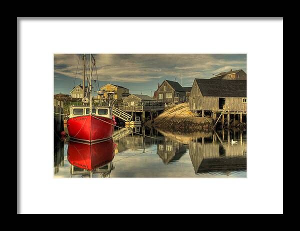 Rob Huntley Framed Print featuring the photograph The Red Boat at Peggys Cove by Rob Huntley