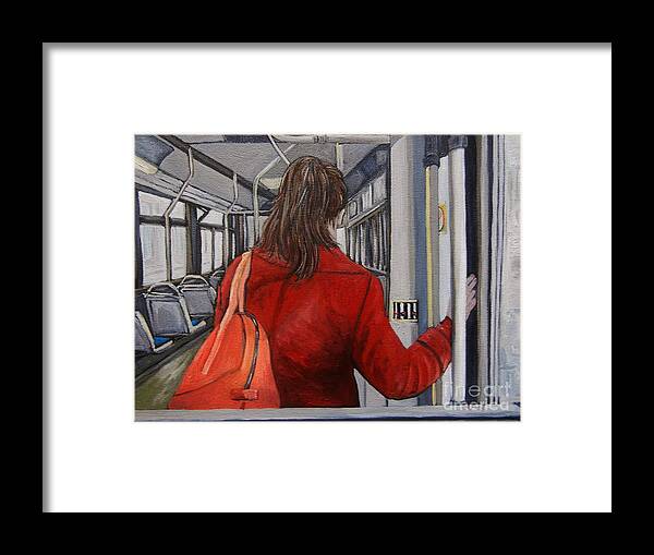 Bus Scenes Framed Print featuring the painting The Red Coat by Reb Frost