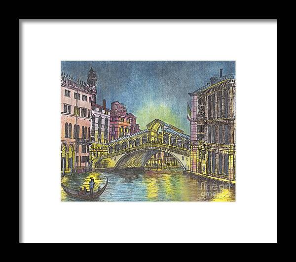 Light Reflections Framed Print featuring the mixed media Relections of Light and the Rialto Bridge An Evening in Venice by Carol Wisniewski