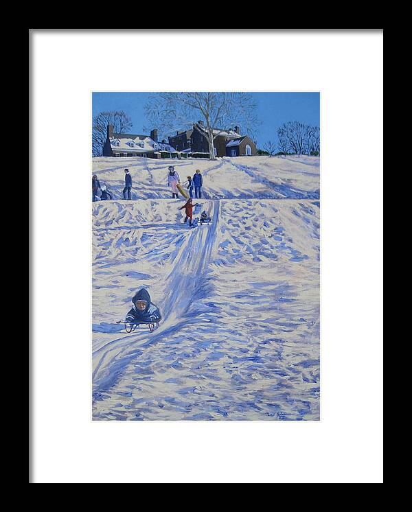 Sledding Framed Print featuring the painting the Ride by David Zimmerman