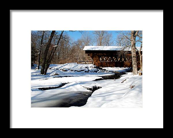 Springwater Covered Bridge & Park Framed Print featuring the photograph The River Flows Under The Springwater Covered Bridge by Janice Adomeit