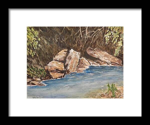 Rocks Framed Print featuring the painting The River's Edge by Betty-Anne McDonald