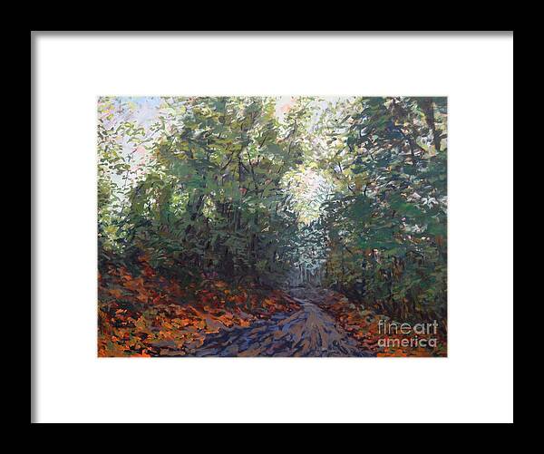 Landscape Framed Print featuring the painting The road along the trees by Monica Elena