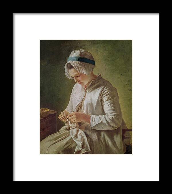 Female Framed Print featuring the painting The Seamstress Or Young Woman Working by Francoise Duparc