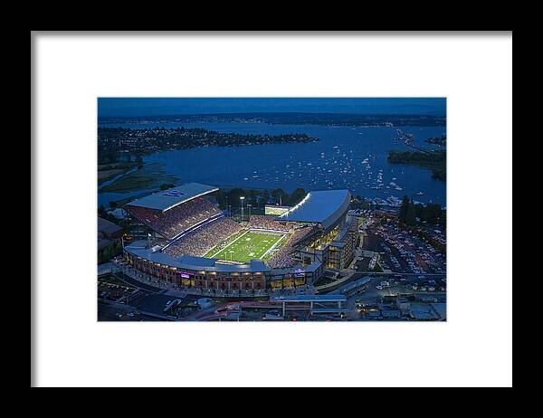 Husky Stadium Framed Print featuring the photograph Husky Stadium and the Lake by Max Waugh