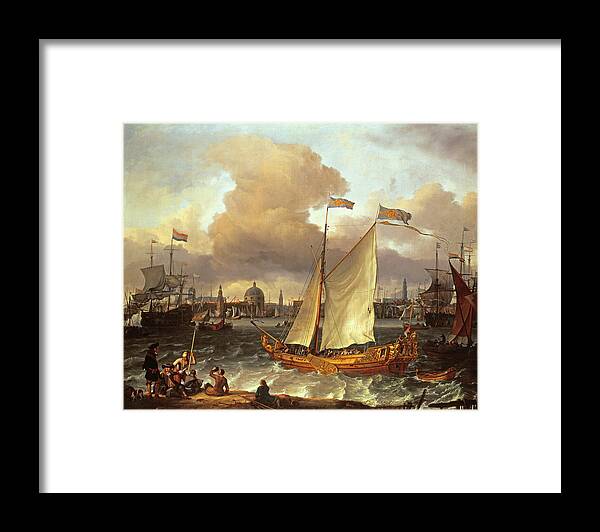 Flag Framed Print featuring the painting The Swedish Yacht Lejouet, In Amsterdam Harbour, 1674 by Ludolf Backhuysen