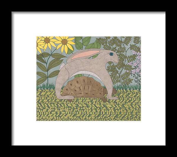 Aesop's Fables Framed Print featuring the drawing The Tortoise and the Hare by Pamela Schiermeyer