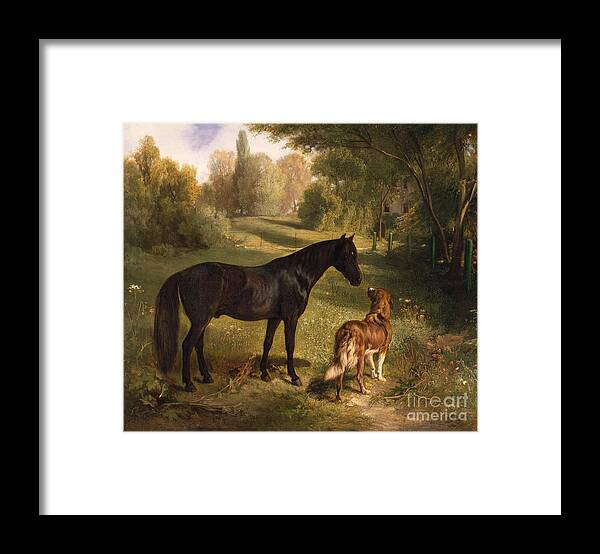 Black Horse Framed Print featuring the painting The two friends by Adam Benno
