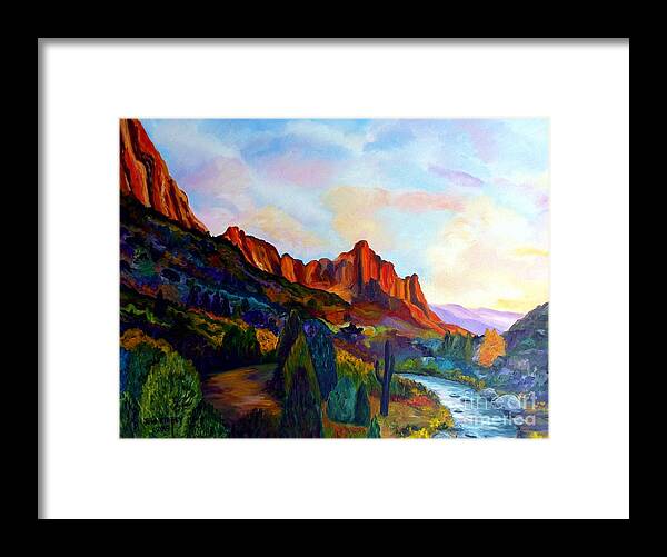 The Watchman Framed Print featuring the painting The Watchman Zion Park Utah by Julie Brugh Riffey