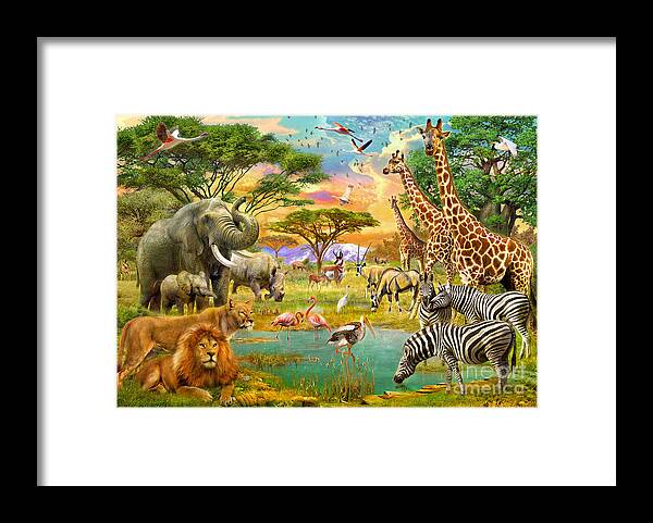 Birds Framed Print featuring the digital art The Watering Hole by MGL Meiklejohn Graphics Licensing