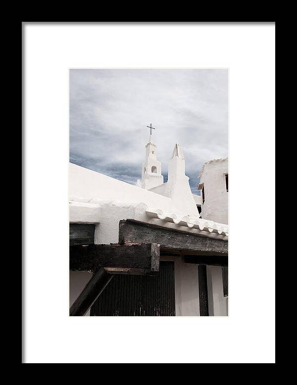 Azure Framed Print featuring the photograph Binibeca vell in Menorca is a small fishermen villa with the taste of past times - The white Chapel by Pedro Cardona Llambias