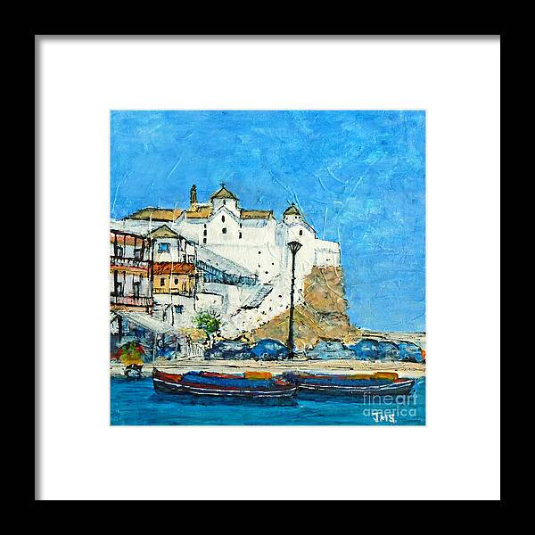 Mixed Media Framed Print featuring the painting The White Church Skopelos by Jackie Sherwood