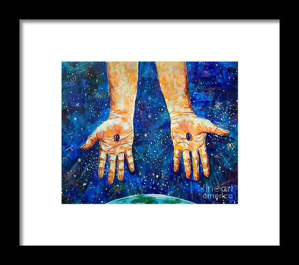 Hands Of Jesus Framed Print featuring the painting The whole world in His hands by Lou Ann Bagnall