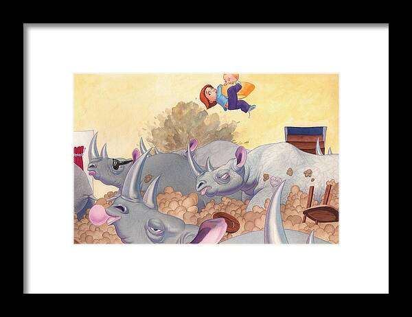 Rhinos Framed Print featuring the painting Then Came the Rhinos by Richard Moore