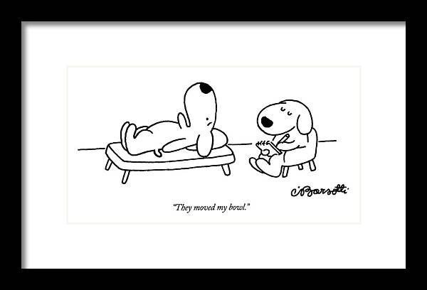 Animals Framed Print featuring the drawing They Moved My Bowl by Charles Barsotti